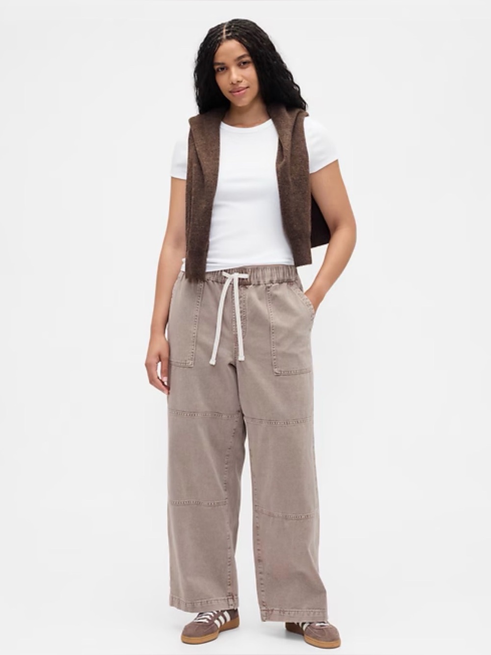 GAP Wide Leg Patchwork Drawstring Pants in Brown - Picture 2 of 12